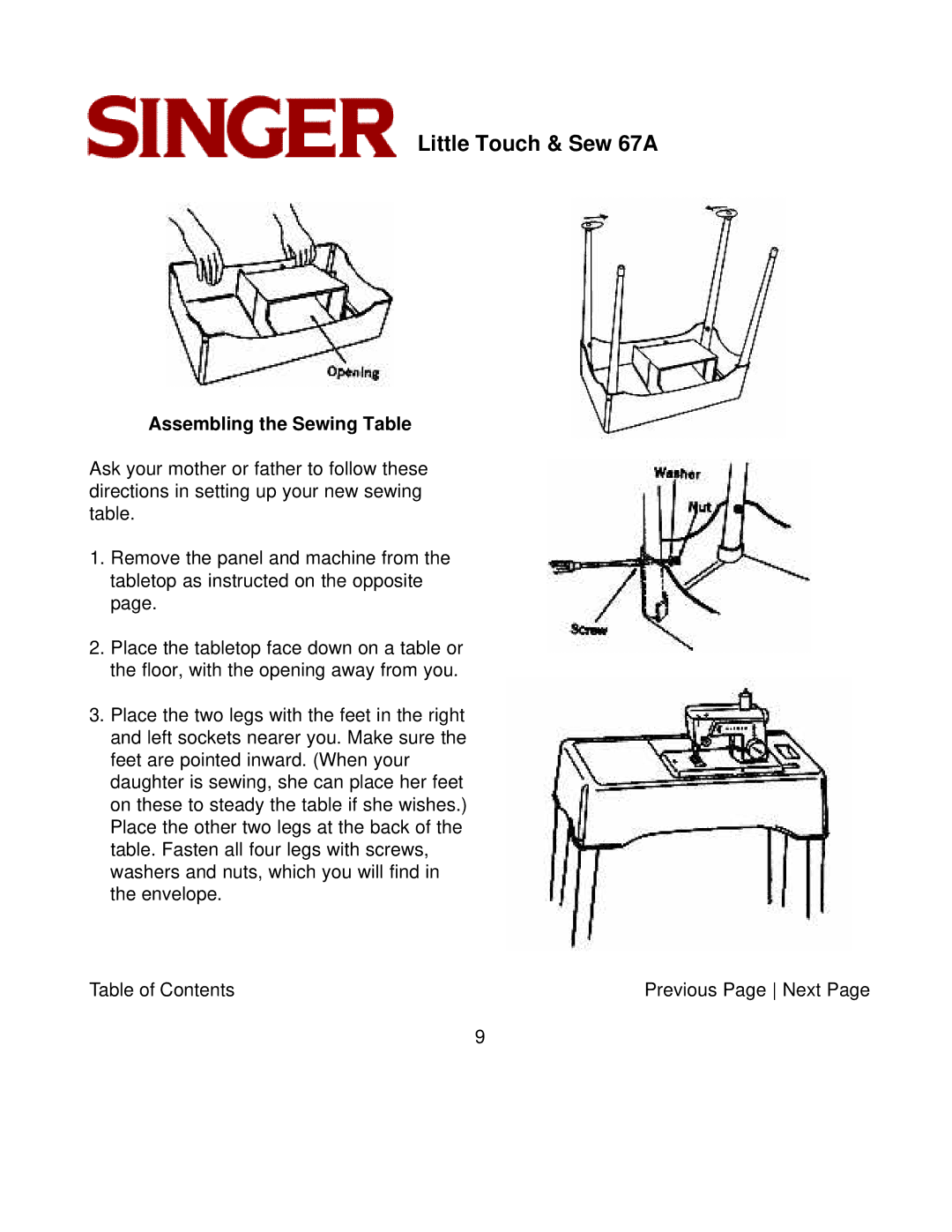 Singer 67A instruction manual Assembling the Sewing Table 