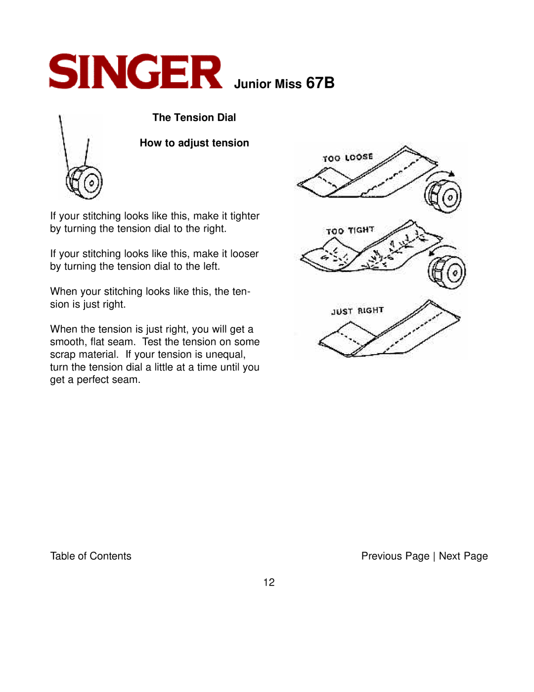 Singer 67B manual Tension Dial How to adjust tension 