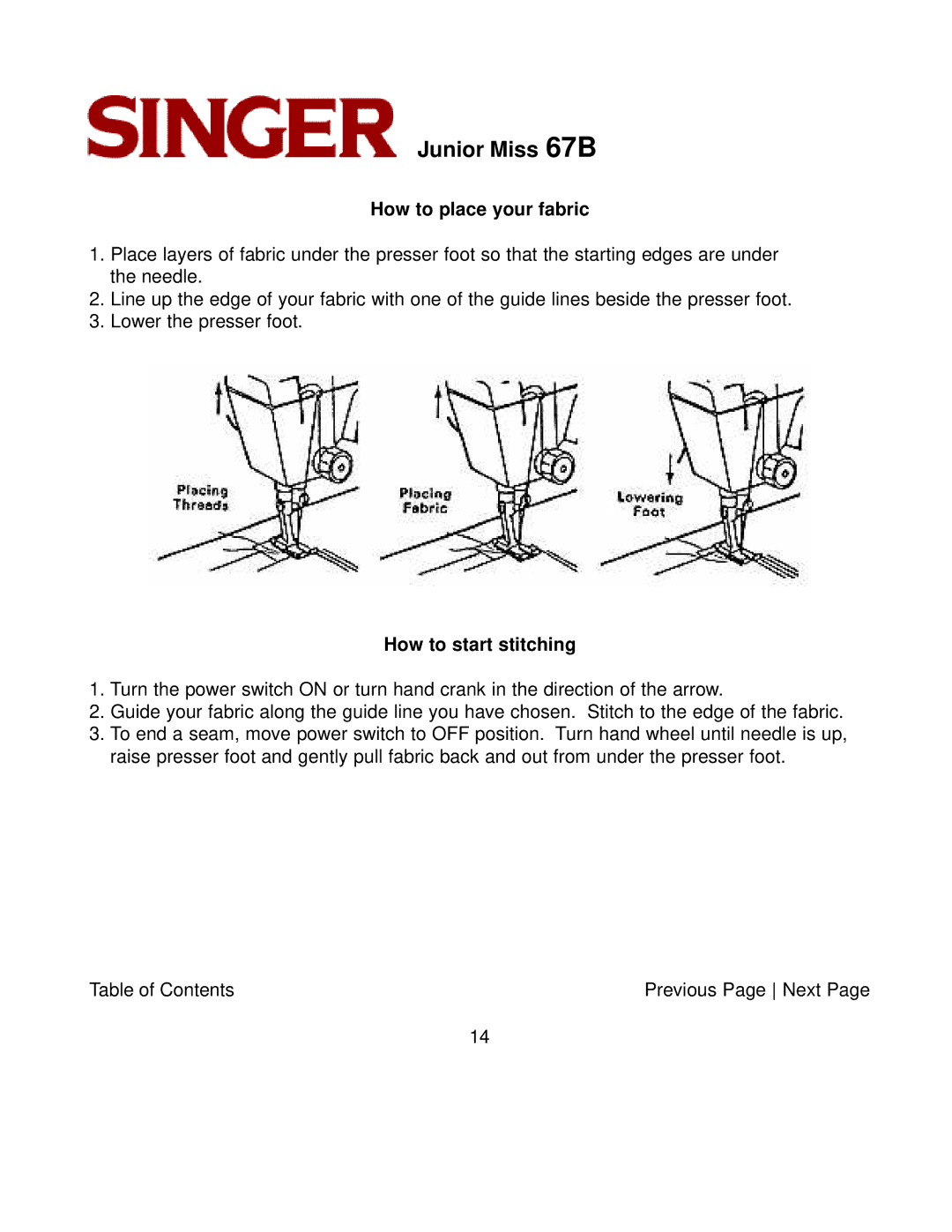 Singer 67B manual How to place your fabric, How to start stitching 