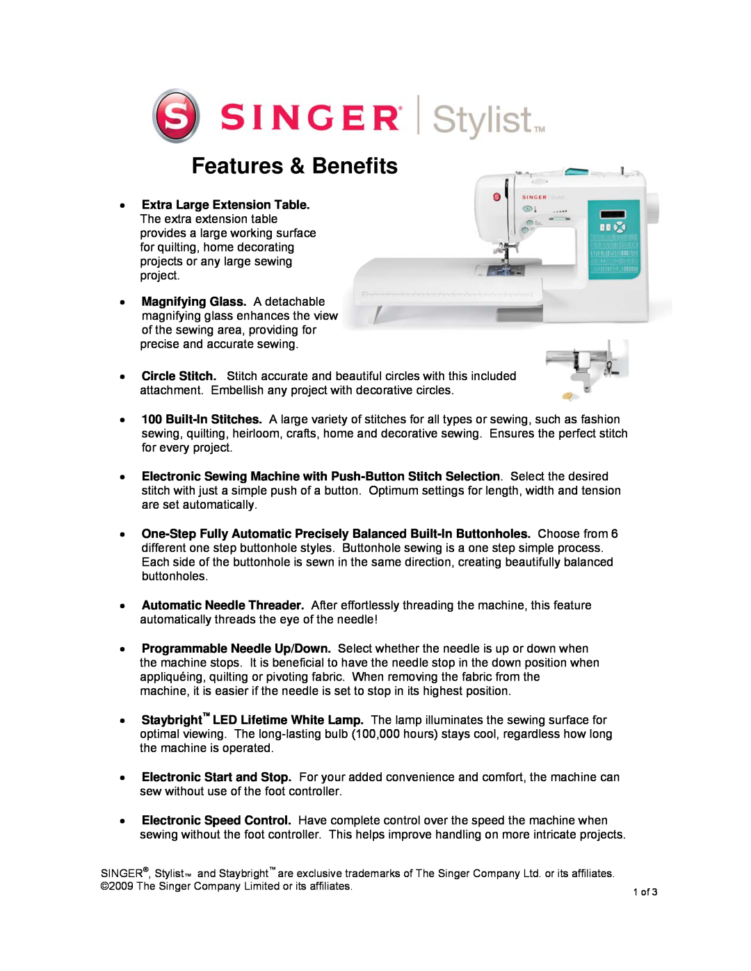 Singer 7258 manual Features & Benefits, The Singer Company Limited or its affiliates 