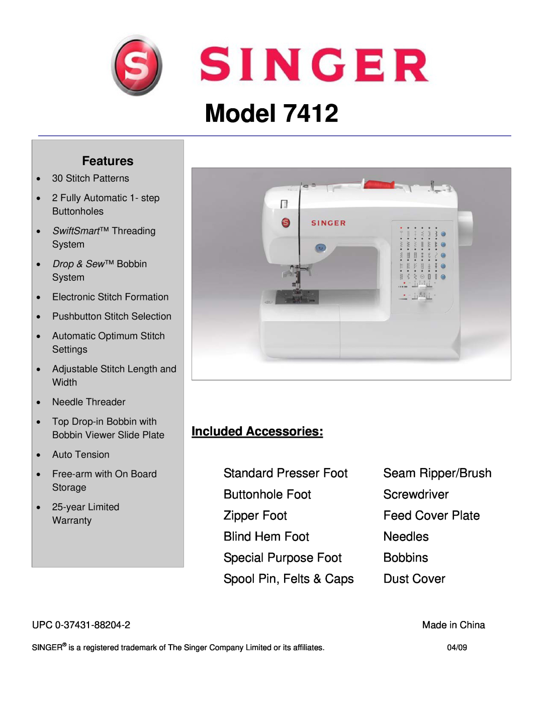 Singer 7412 warranty Model, Features, Included Accessories 