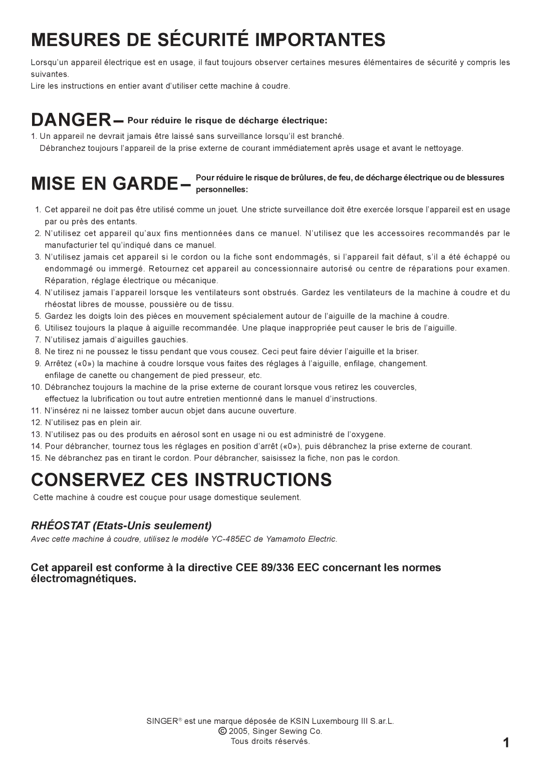 Singer 7442 instruction manual Mesures DE Sécurité Importantes 