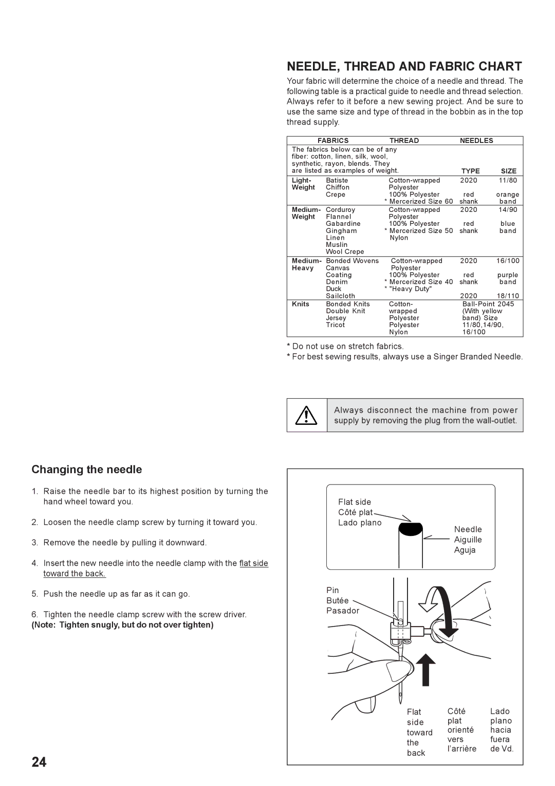 Singer 7442 instruction manual NEEDLE, Thread and Fabric Chart, Fabrics Thread Needles 