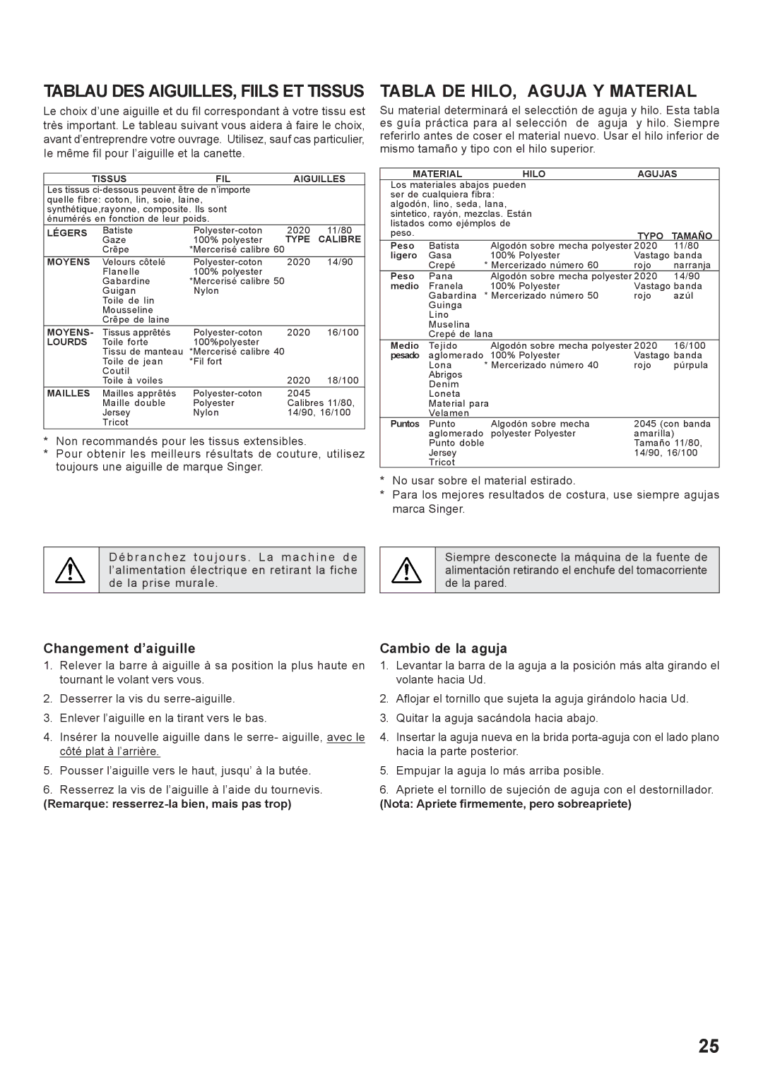 Singer 7442 instruction manual Tabla DE HILO, Aguja Y Material, Changement d’aiguille Cambio de la aguja 