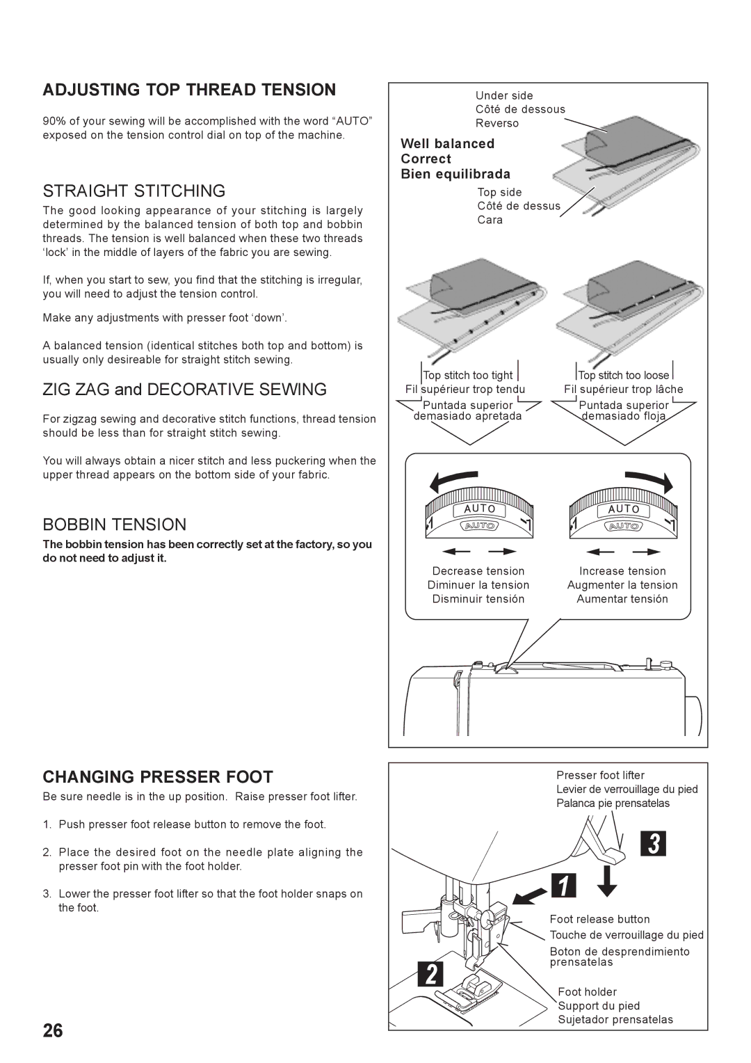 Singer 7442 instruction manual Adjusting TOP Thread Tension, Straight Stitching, Bobbin Tension, Changing Presser Foot 