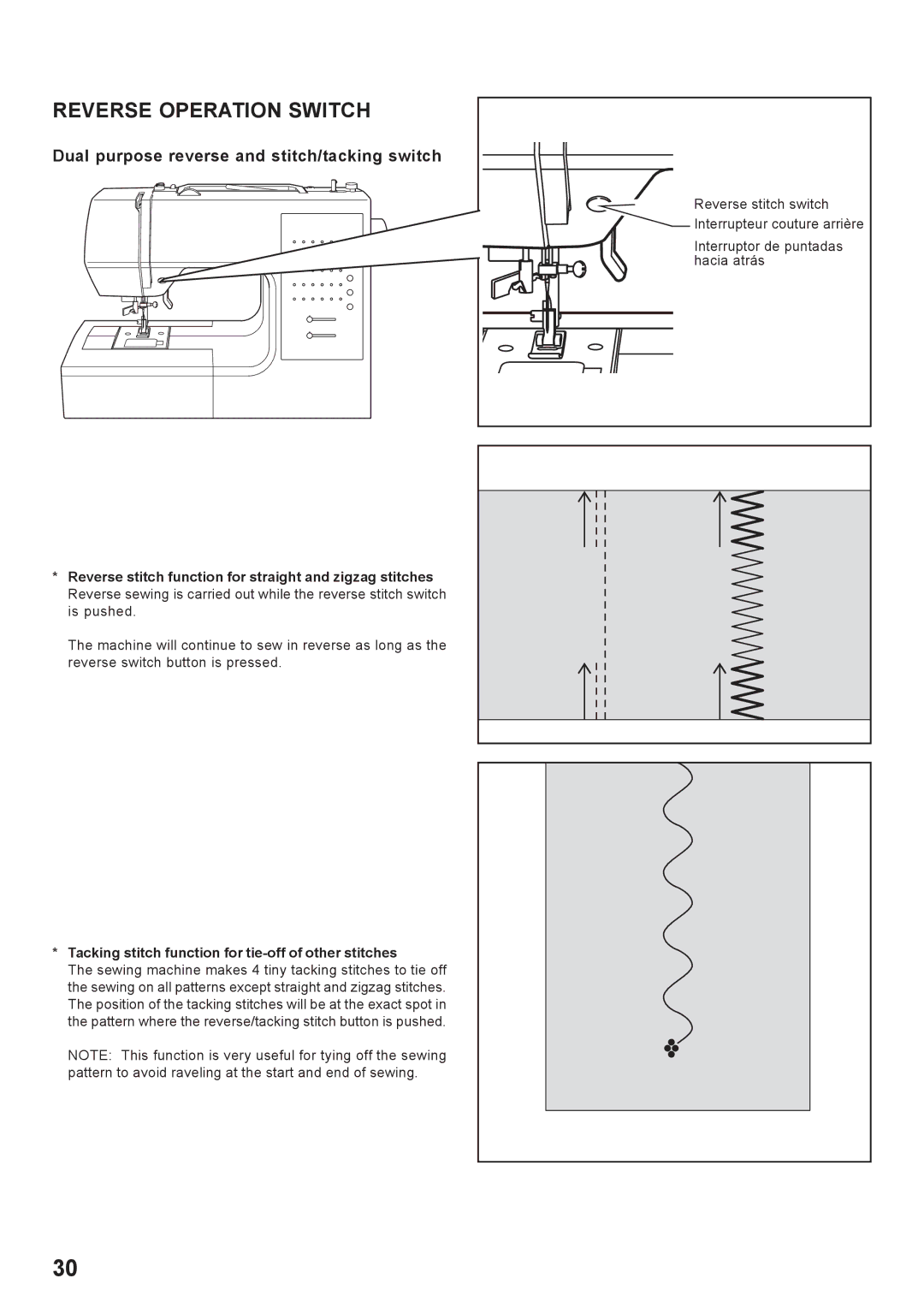 Singer 7442 instruction manual Reverse Operation Switch, Dual purpose reverse and stitch/tacking switch 