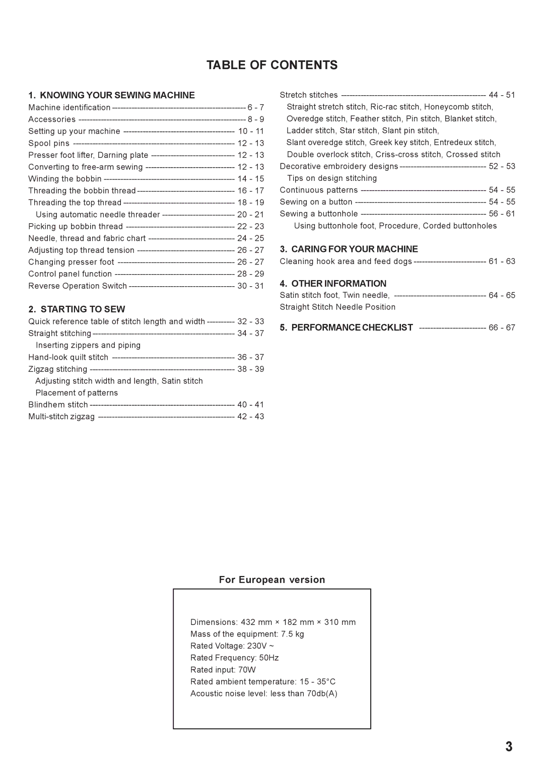 Singer 7442 instruction manual Table of Contents 