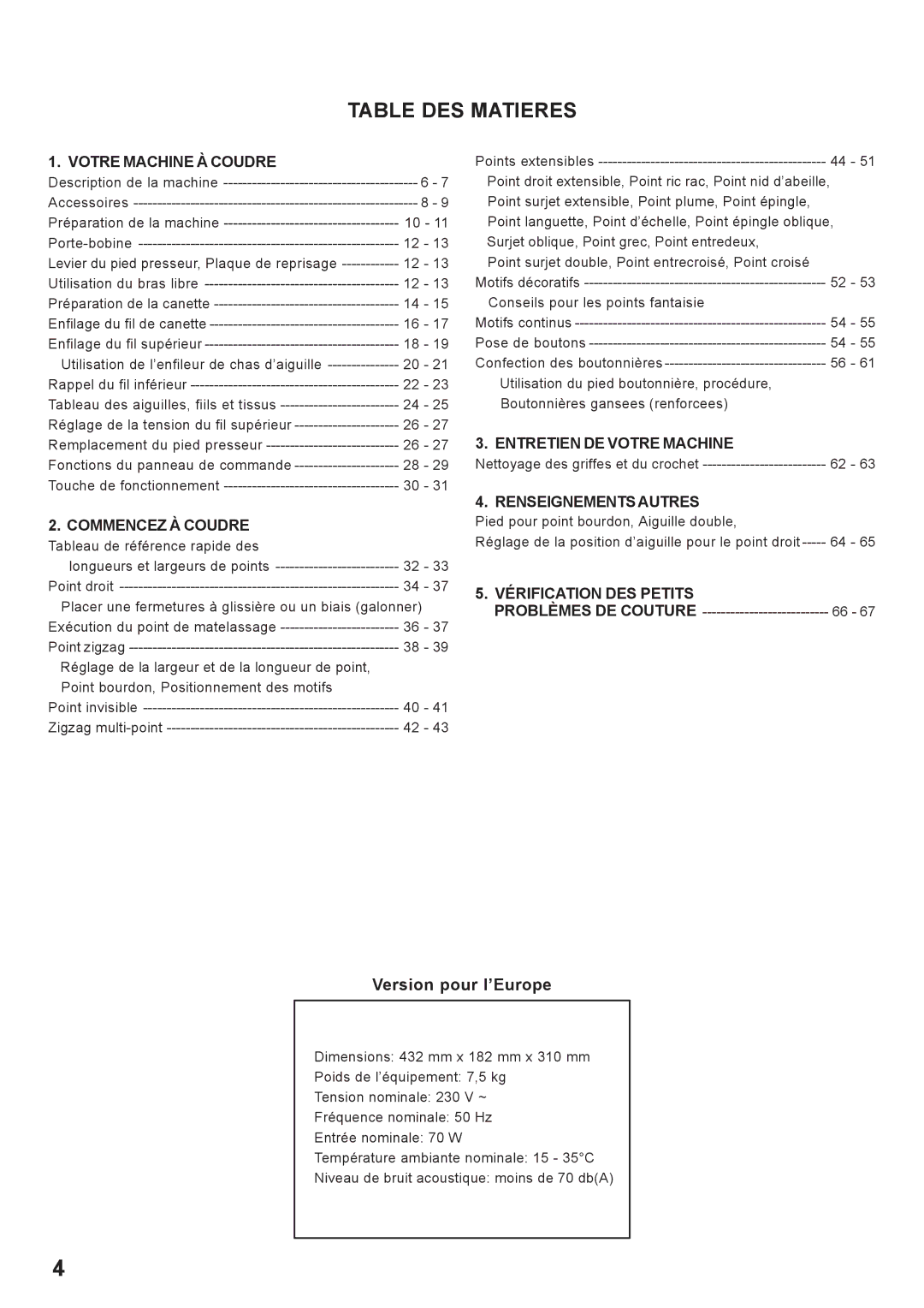 Singer 7442 instruction manual Table DES Matieres, Version pour l’Europe 