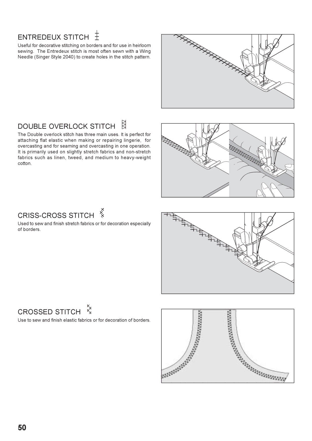 Singer 7442 instruction manual Entredeux Stitch, Double Overlock Stitch, CRISS-CROSS Stitch, Crossed Stitch 