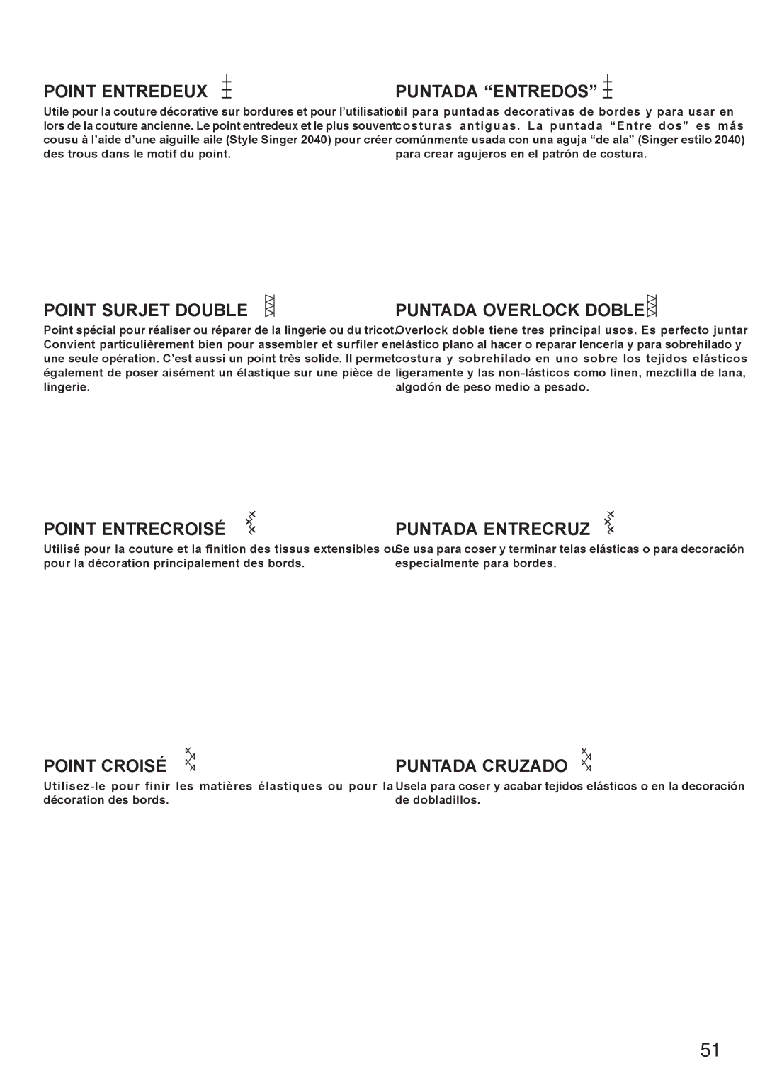 Singer 7442 Point Entredeux, Point Surjet Double, Point Entrecroisé, Point Croisé, Puntada Entredos, Puntada Entrecruz 