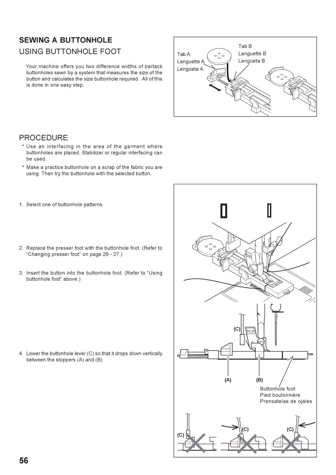 Singer 7442 instruction manual Sewing a Buttonhole, Using Buttonhole Foot, Procedure 