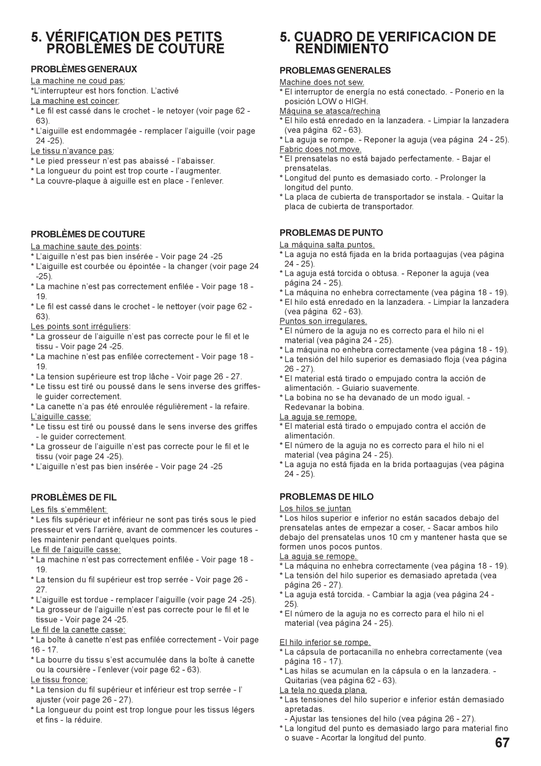 Singer 7442 instruction manual Vérification DES Petits Problèmes DE Couture, Cuadro DE Verificacion DE Rendimiento 