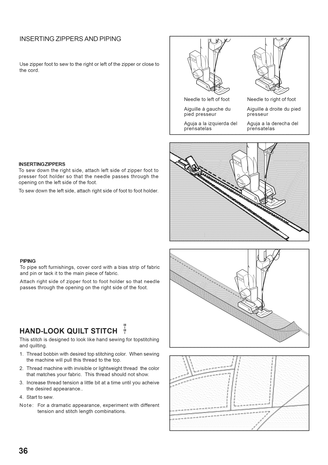 Singer 7442 manual HAND=LOOK Quilt Stitch, Insertingzjppers, Piping 