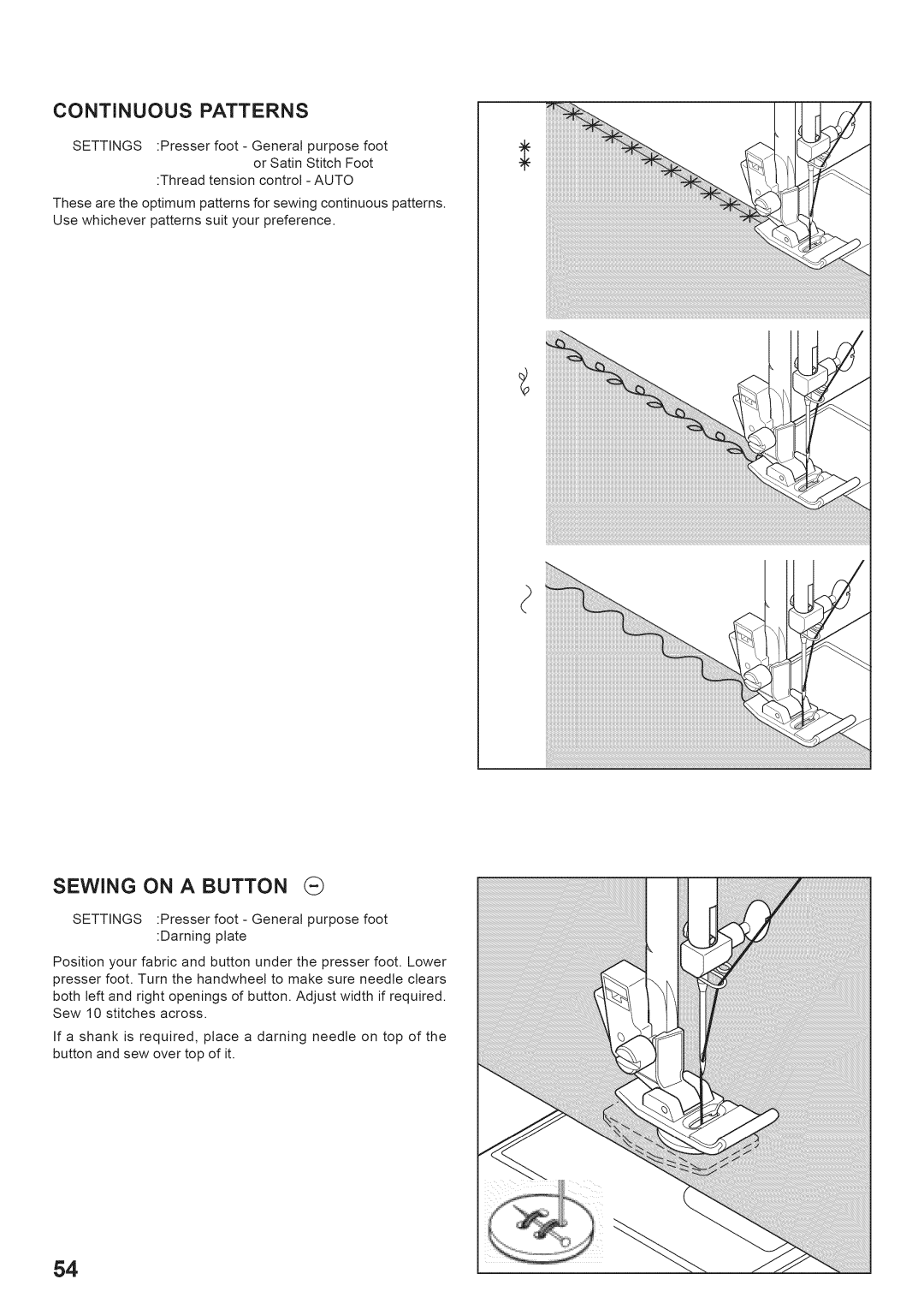 Singer 7442 manual Continuous Patterns, Sewing on a Button 