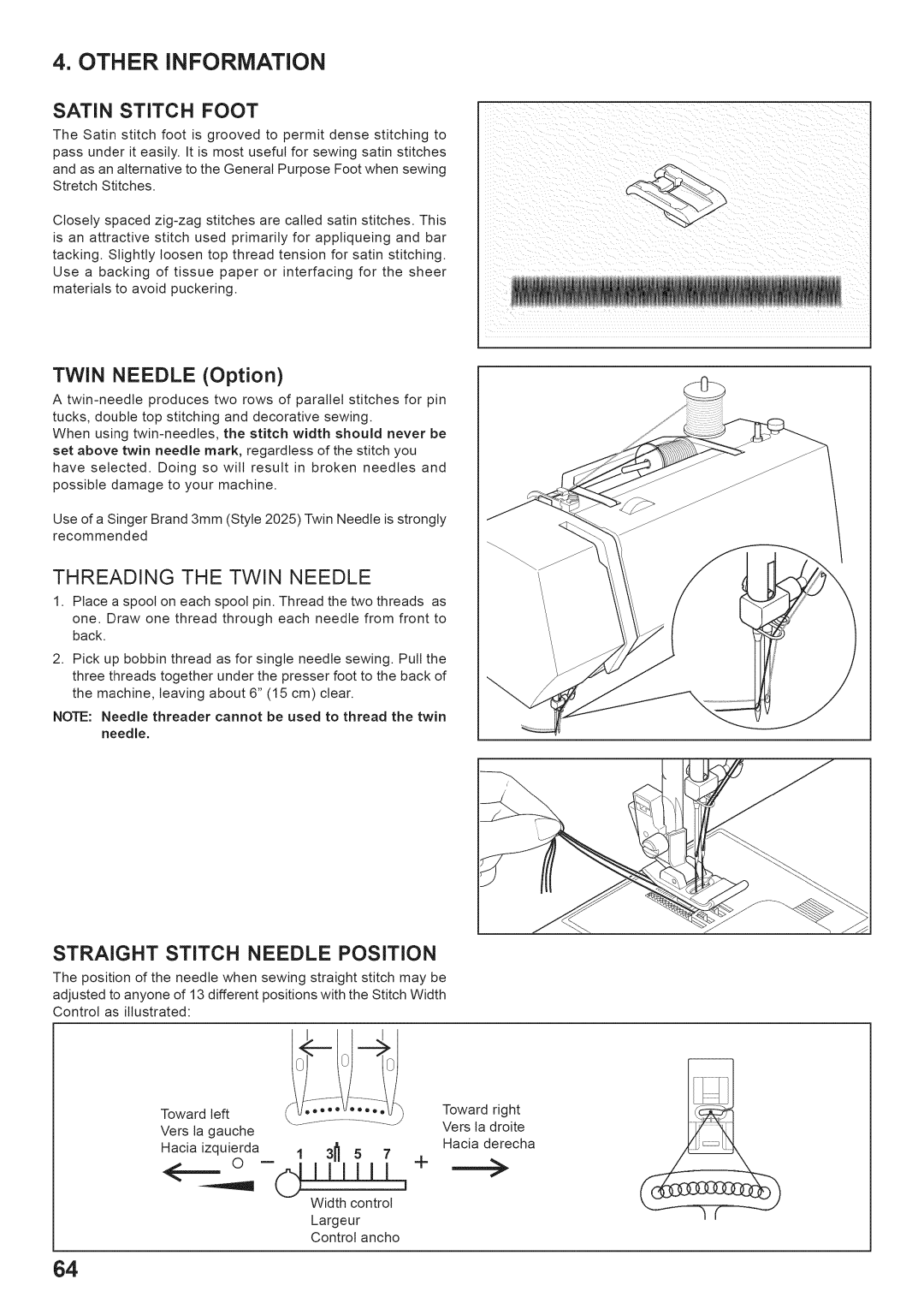 Singer 7442 manual Other Information, Straight Stitch Needle Position, Satin Stitch Foot, Twin Needle Option 