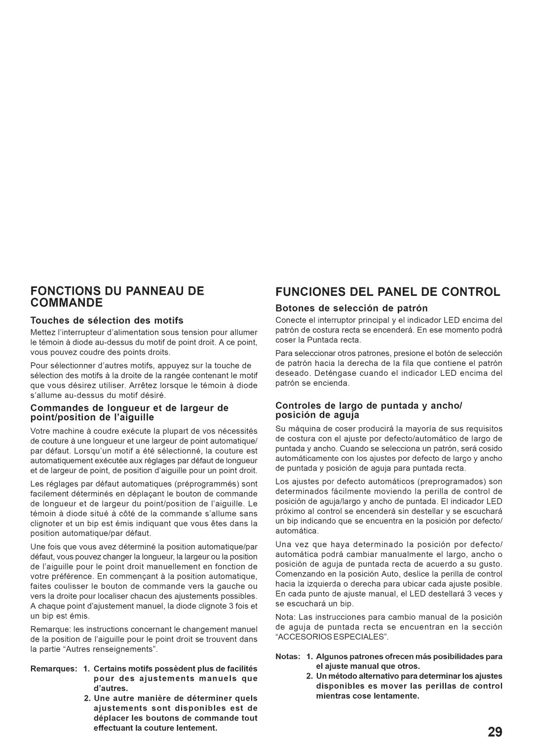 Singer 7442 manual Funciones Del Panel De Control, Fonctions Du Panneau De Commande, Touches de s61ection des motifs 