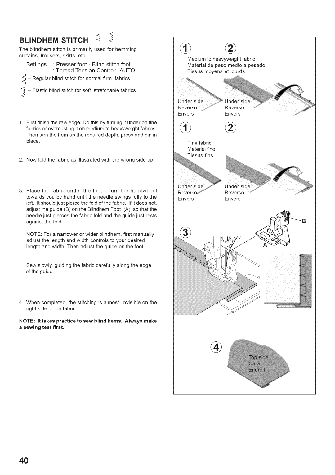 Singer 7442 manual Blindhem Stitch, Settings Presser foot - Blind stitch foot, Thread Tension Control AUTO 