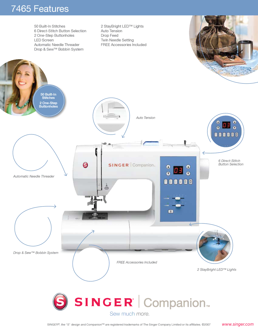 Singer 7465 manual Features, Drop & Sew Bobbin System, Built-In Stitches 