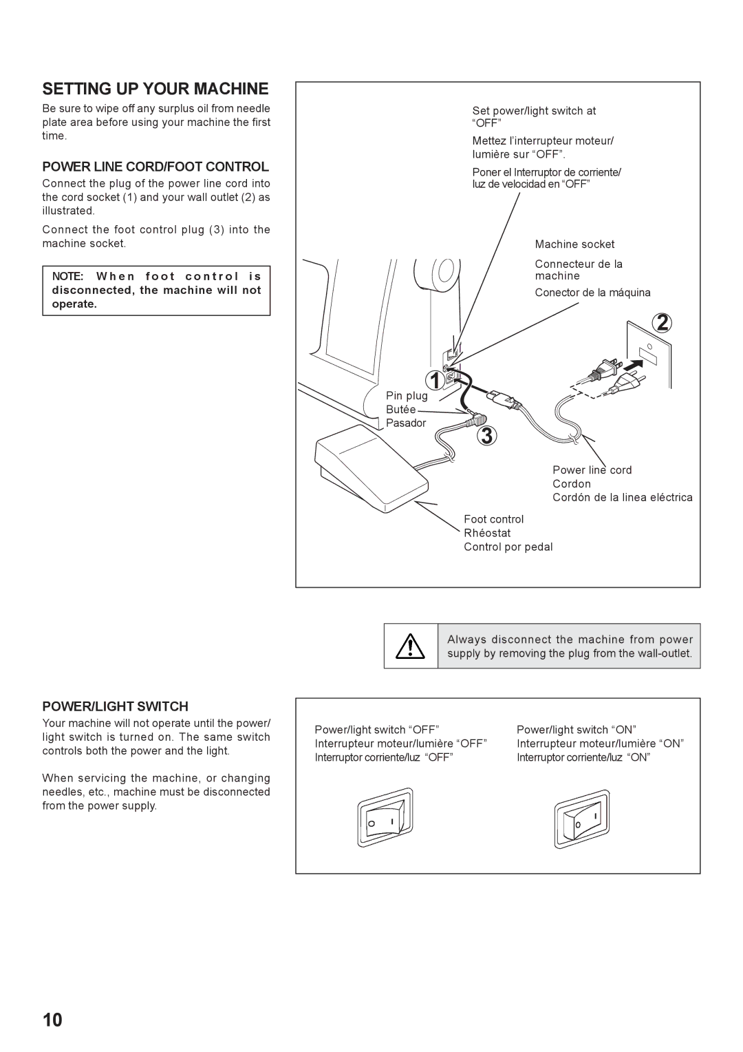 Singer 7466 instruction manual Setting UP Your Machine, Power Line CORD/FOOT Control 