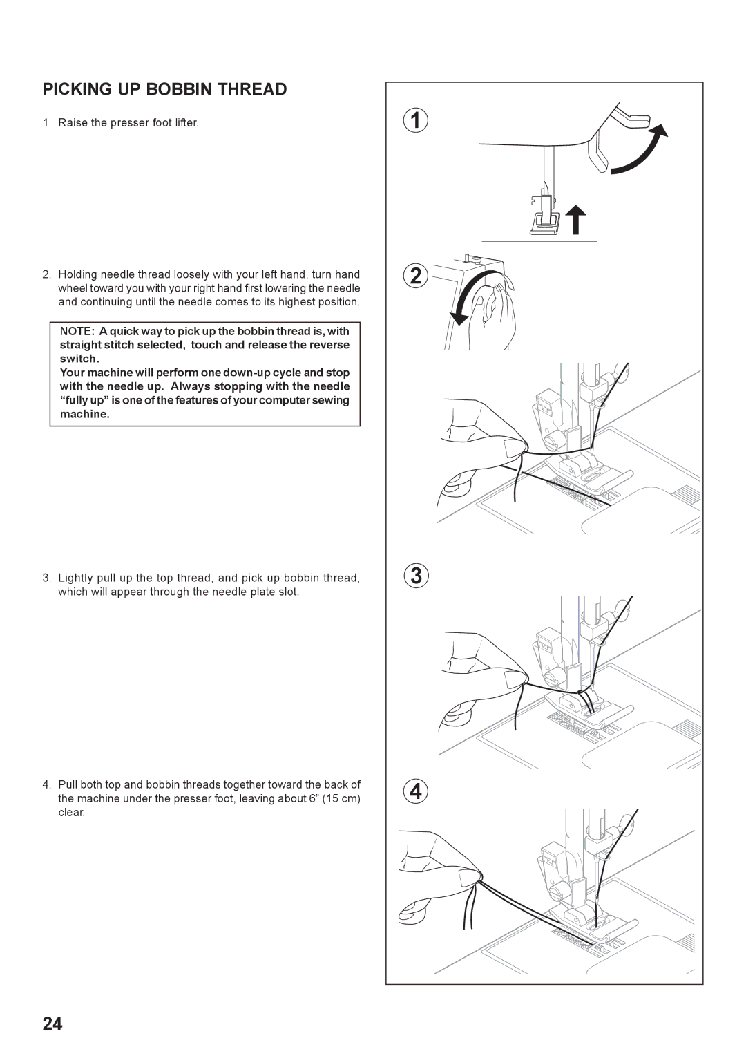 Singer 7466 instruction manual Picking UP Bobbin Thread, Raise the presser foot lifter 