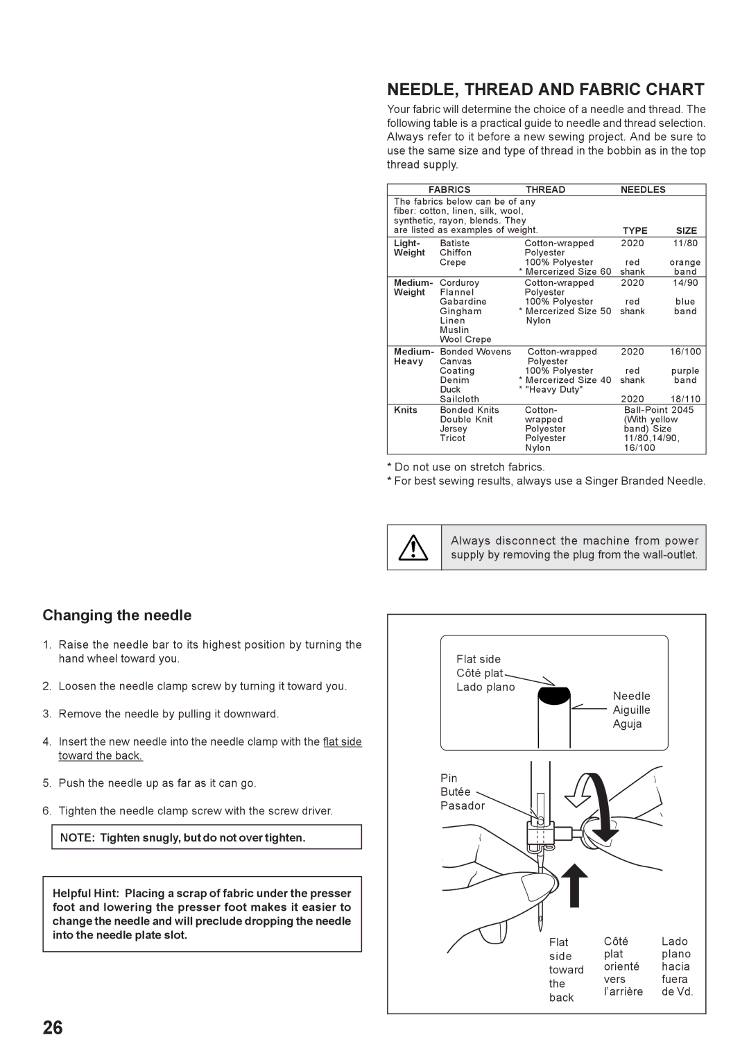 Singer 7466 instruction manual NEEDLE, Thread and Fabric Chart, Changing the needle 