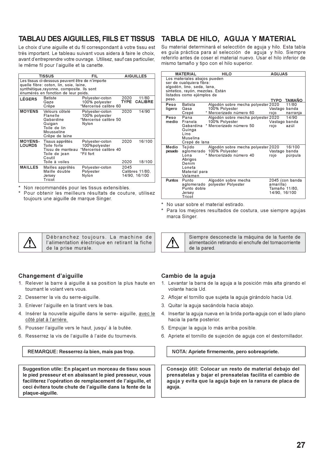 Singer 7466 instruction manual Tabla DE HILO, Aguja Y Material, Changement d’aiguille, Cambio de la aguja 