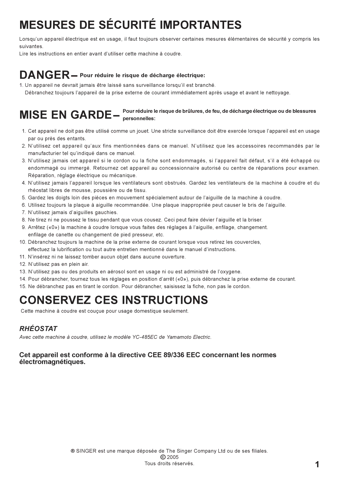 Singer 7466 instruction manual Mesures DE Sécurité Importantes 