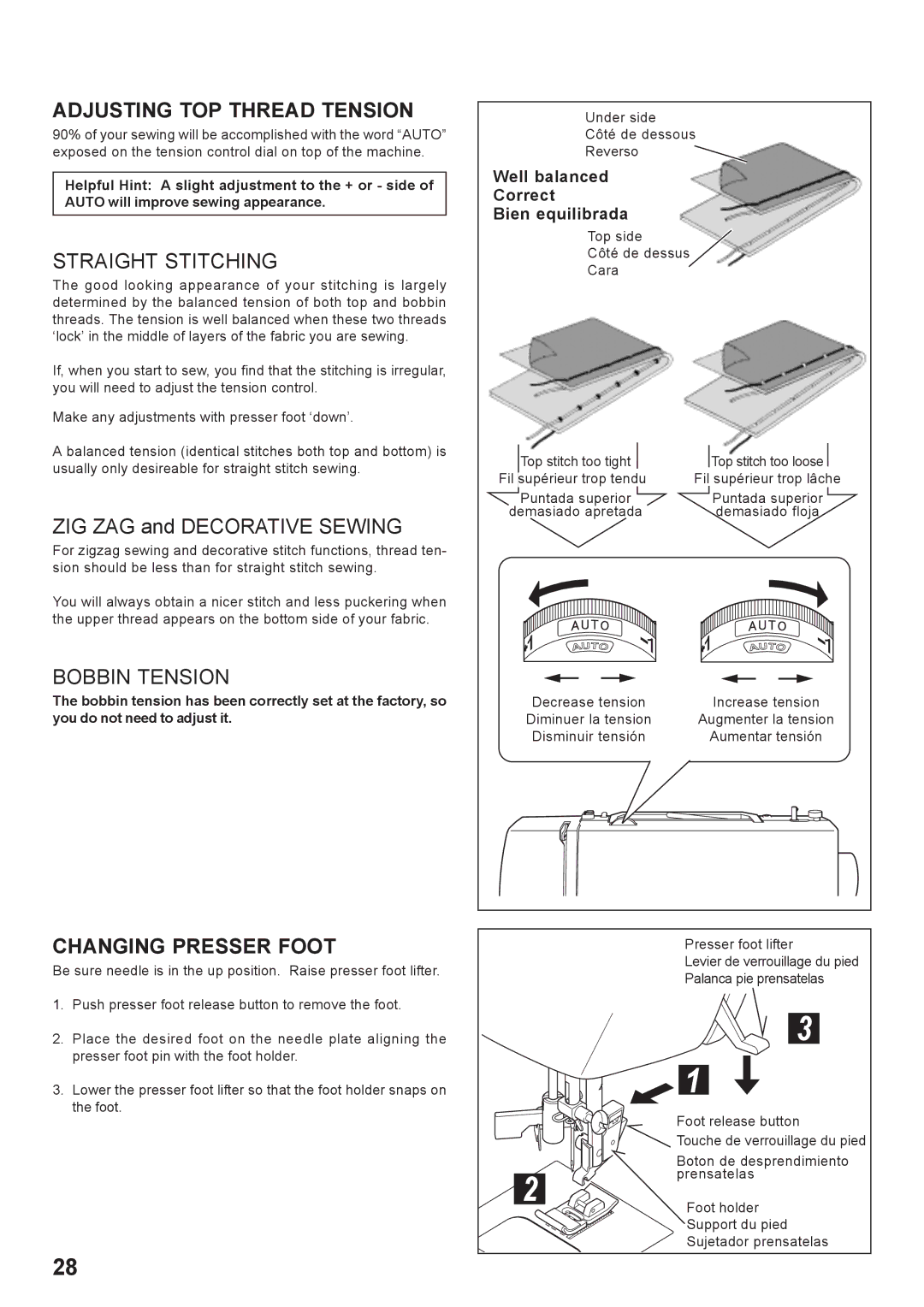 Singer 7466 instruction manual Adjusting TOP Thread Tension, Straight Stitching, Bobbin Tension, Changing Presser Foot 