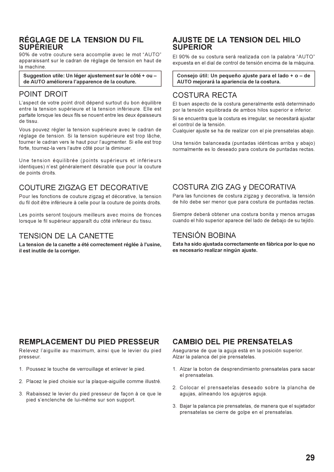 Singer 7466 Réglage DE LA Tension DU FIL Supérieur, Ajuste DE LA Tension DEL Hilo Superior, Remplacement DU Pied Presseur 