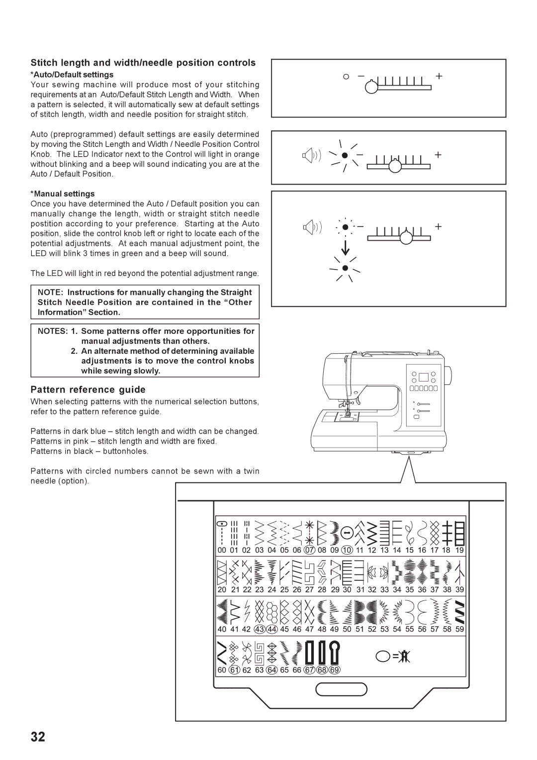 Singer 7466 instruction manual Stitch length and width/needle position controls, Pattern reference guide 