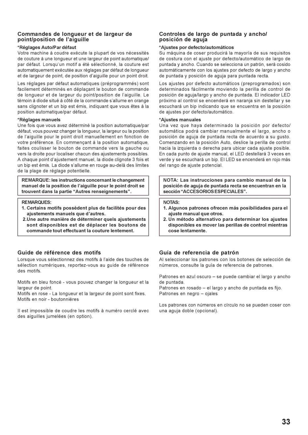 Singer 7466 instruction manual Controles de largo de puntada y ancho/ posición de aguja, Guide de référence des motifs 