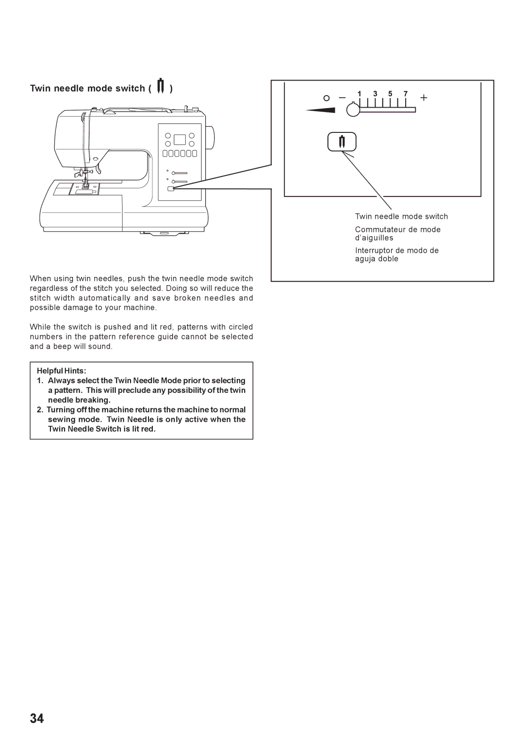 Singer 7466 instruction manual Twin needle mode switch 