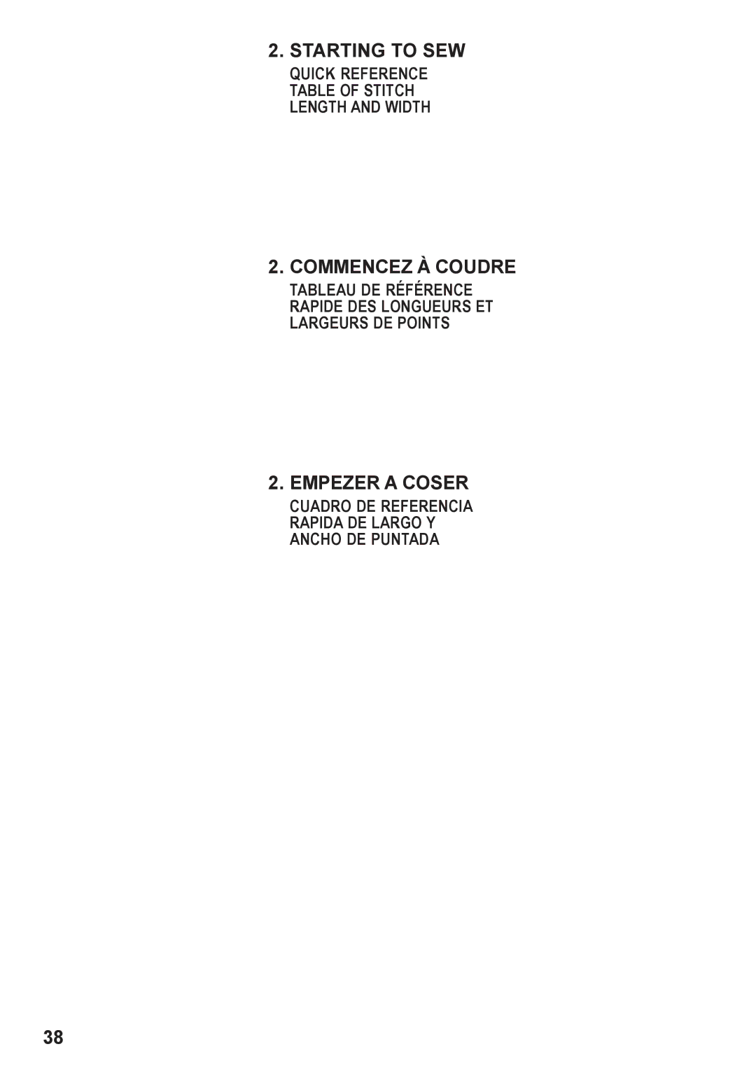 Singer 7466 Starting to SEW, Commencez À Coudre, Empezer a Coser, Quick Reference Table of Stitch Length and Width 