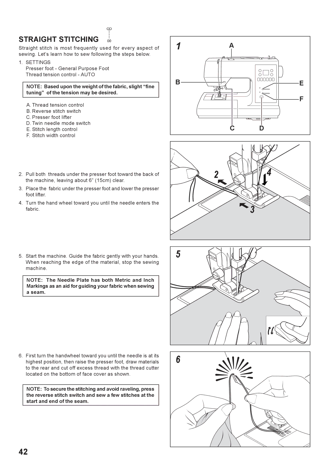 Singer 7466 instruction manual Straight Stitching, Settings 