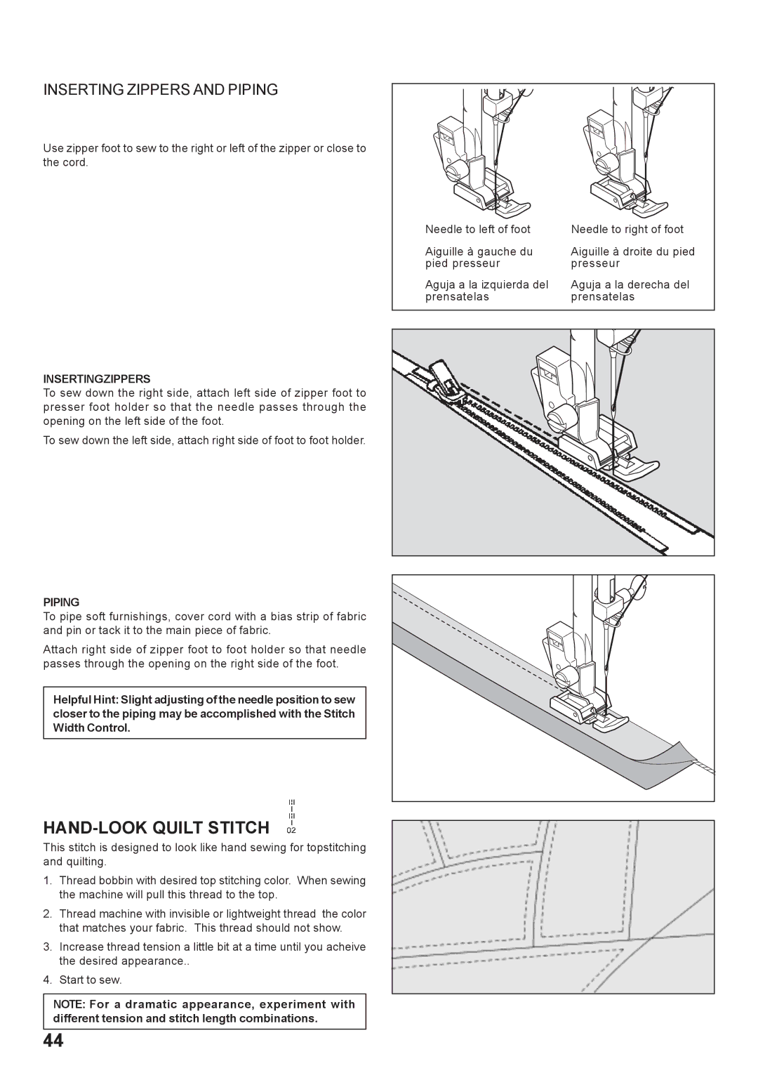 Singer 7466 instruction manual HAND-LOOK Quilt Stitch, Inserting Zippers and Piping 