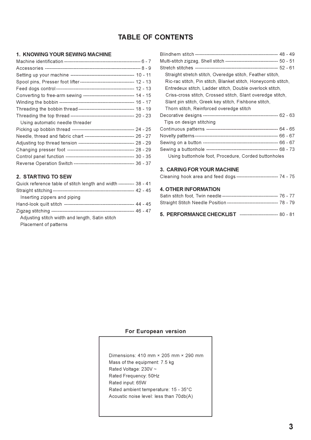 Singer 7466 instruction manual Table of Contents 