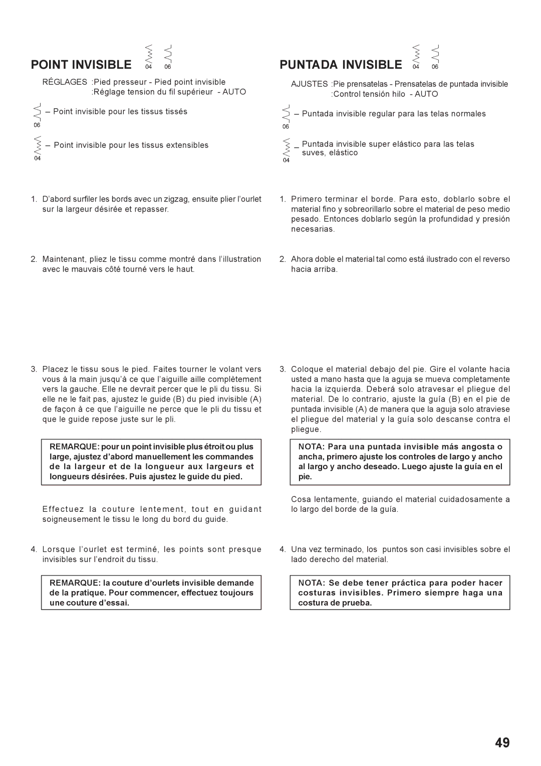 Singer 7466 instruction manual Point Invisible, Puntada Invisible 