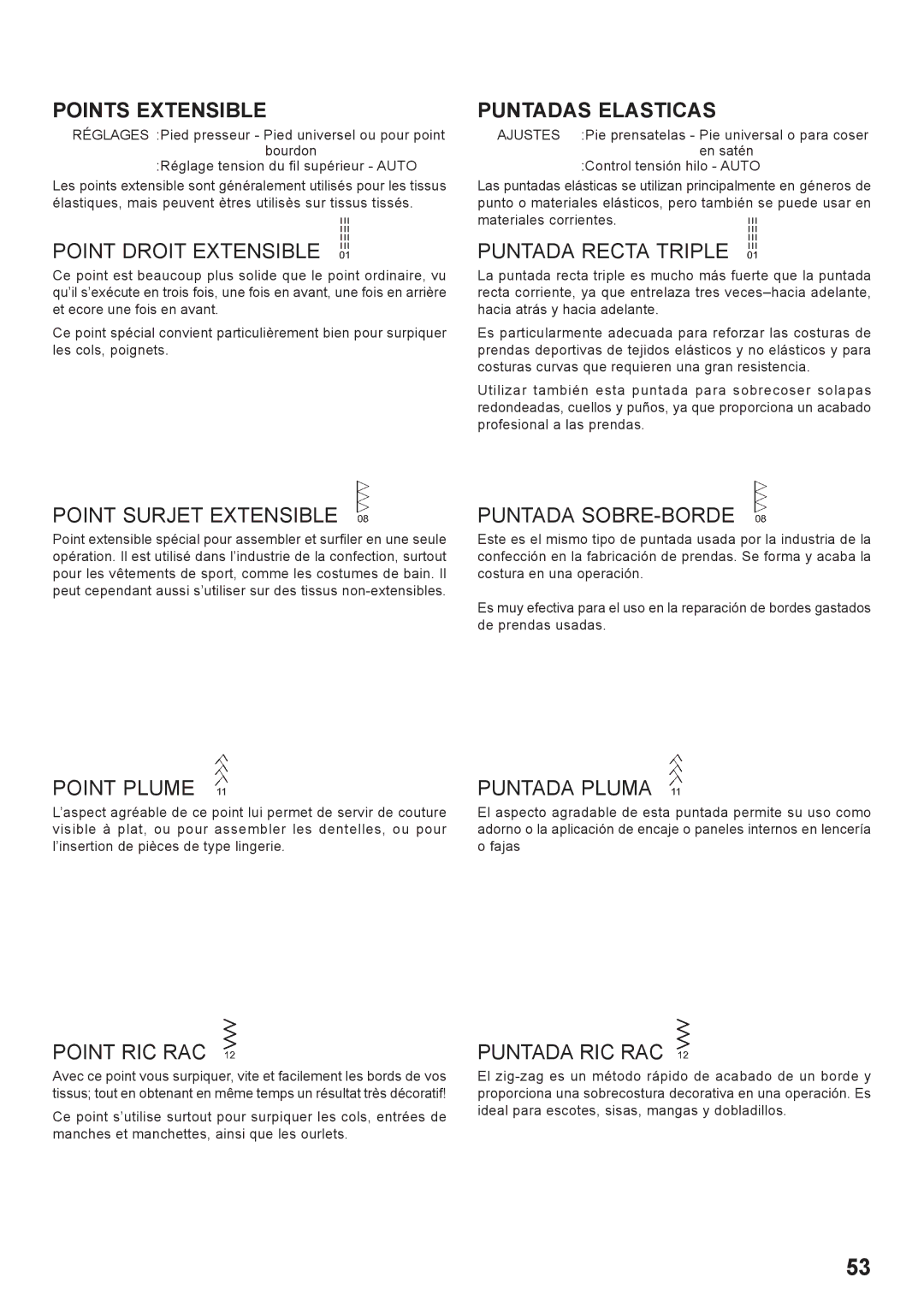 Singer 7466 instruction manual Points Extensible, Puntadas Elasticas 