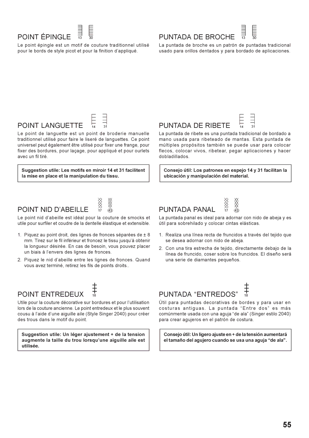 Singer 7466 Point Épingle, Point Languette, Puntada DE Broche, Puntada DE Ribete, Point NID D’ABEILLE, Puntada Panal 