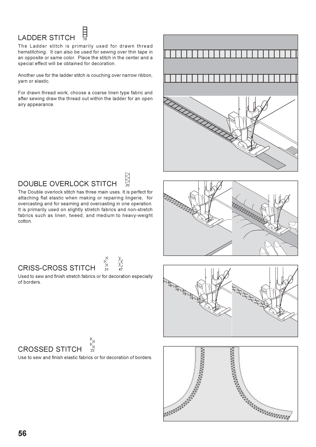 Singer 7466 instruction manual Ladder Stitch, Double Overlock Stitch, CRISS-CROSS Stitch, Crossed Stitch 