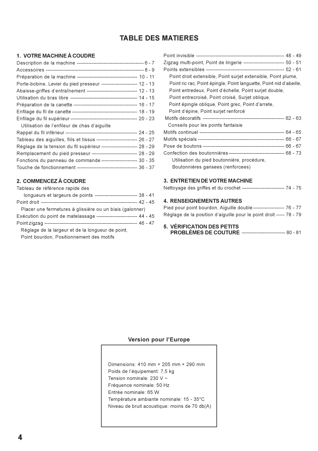 Singer 7466 instruction manual Table DES Matieres, Version pour l’Europe 