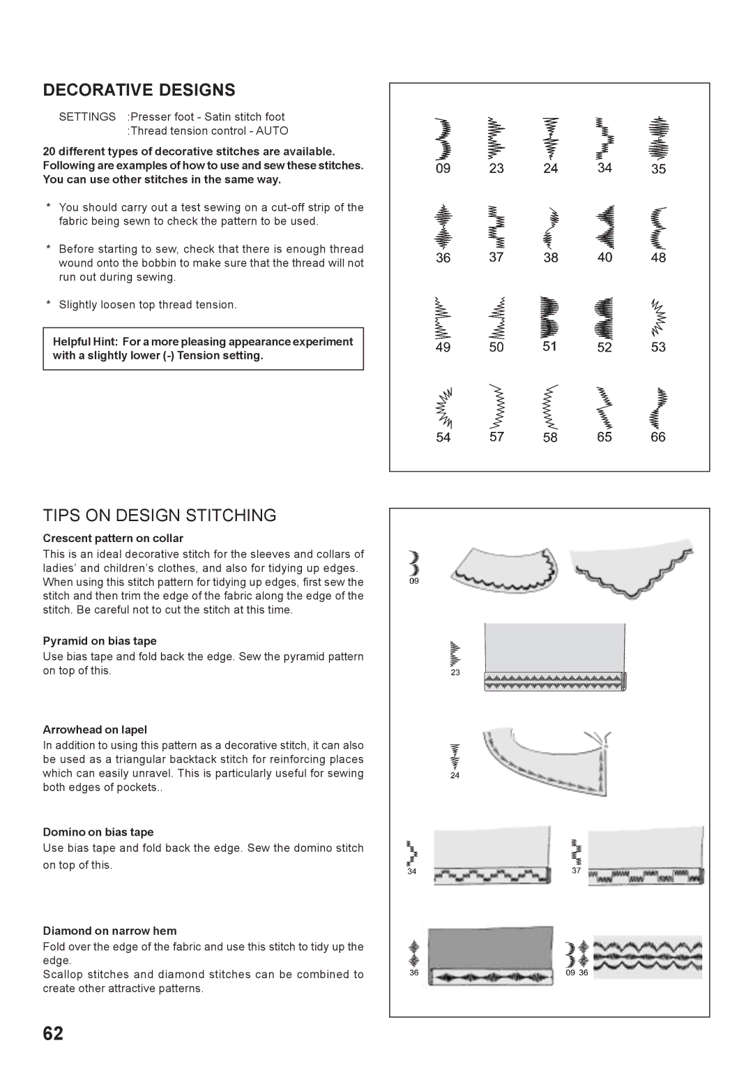 Singer 7466 instruction manual Decorative Designs, Tips on Design Stitching 