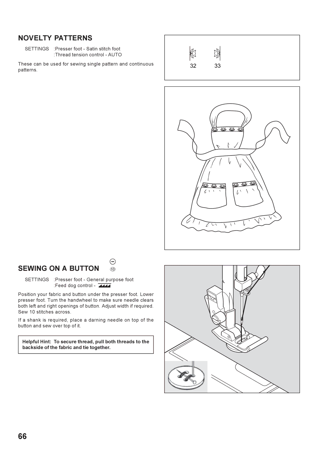 Singer 7466 instruction manual Novelty Patterns, Sewing on a Button 