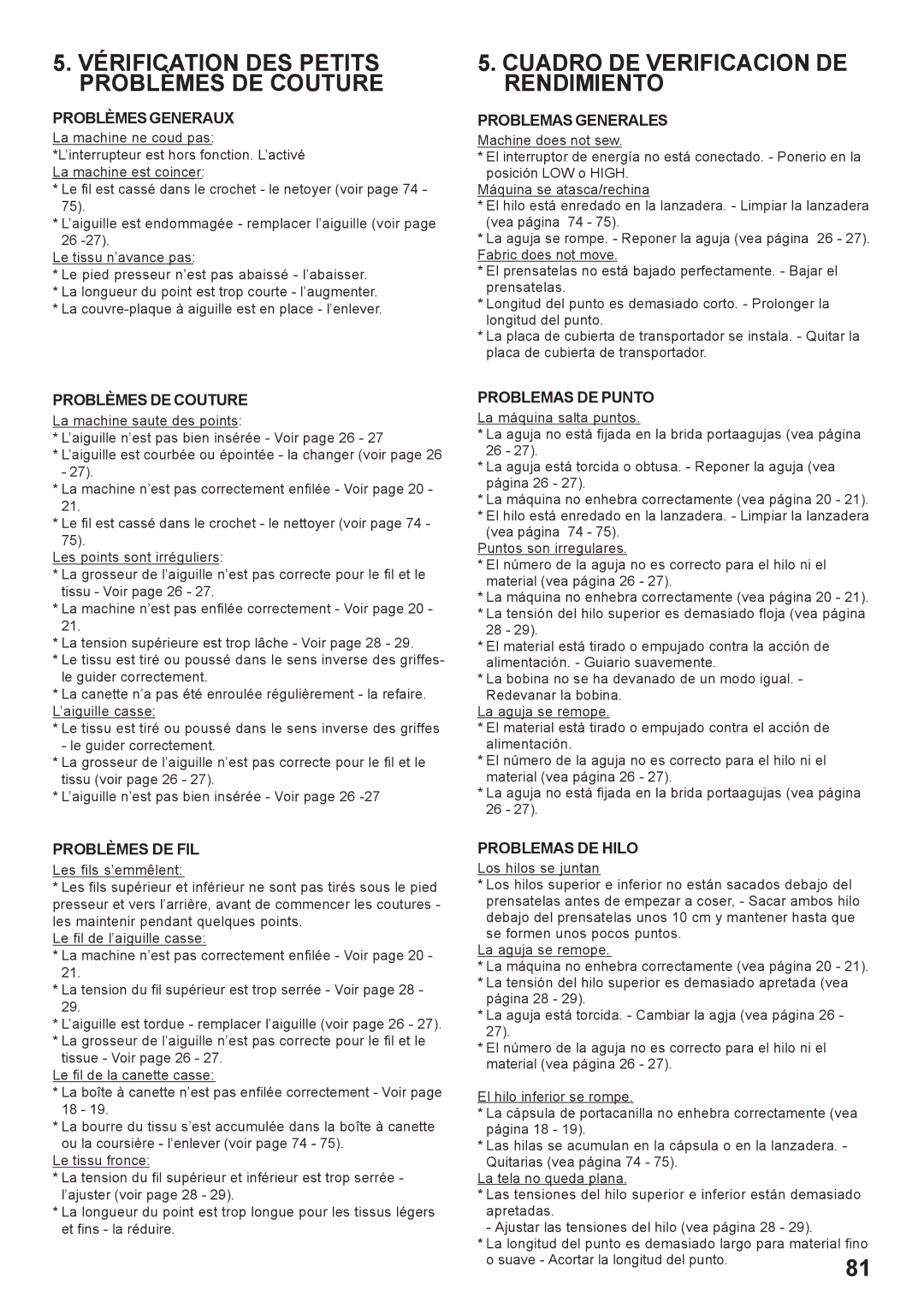 Singer 7466 instruction manual Vérification DES Petits Problèmes DE Couture, Cuadro DE Verificacion DE Rendimiento 