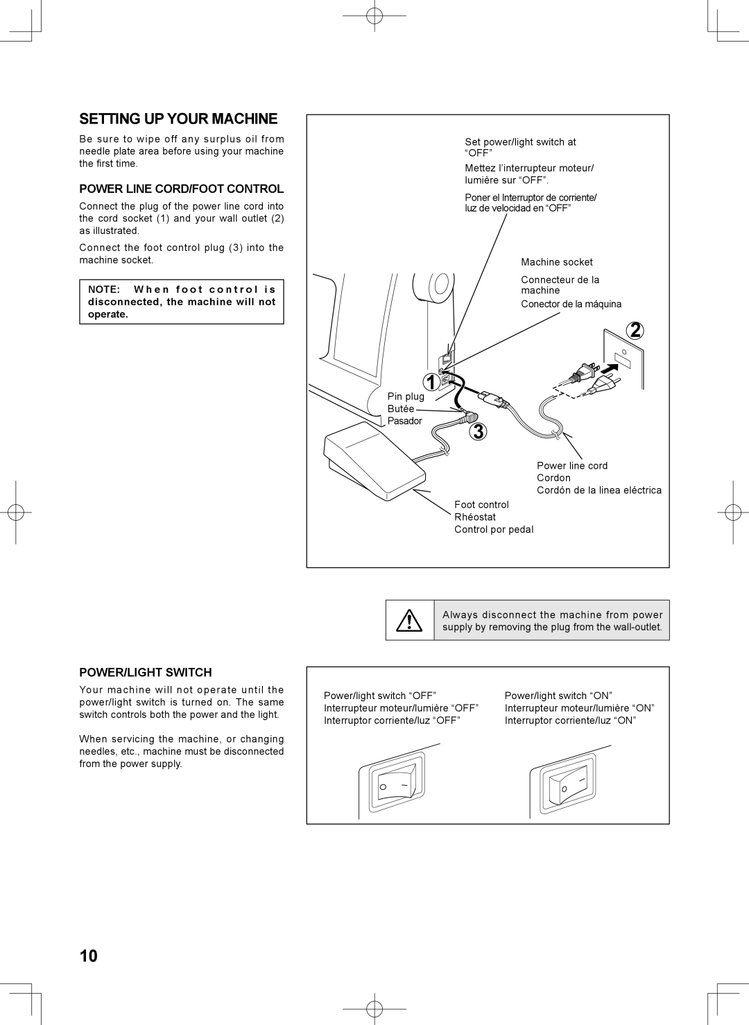 Singer 7467S instruction manual Setting UP Your Machine, Power line cord/FOOT Control 