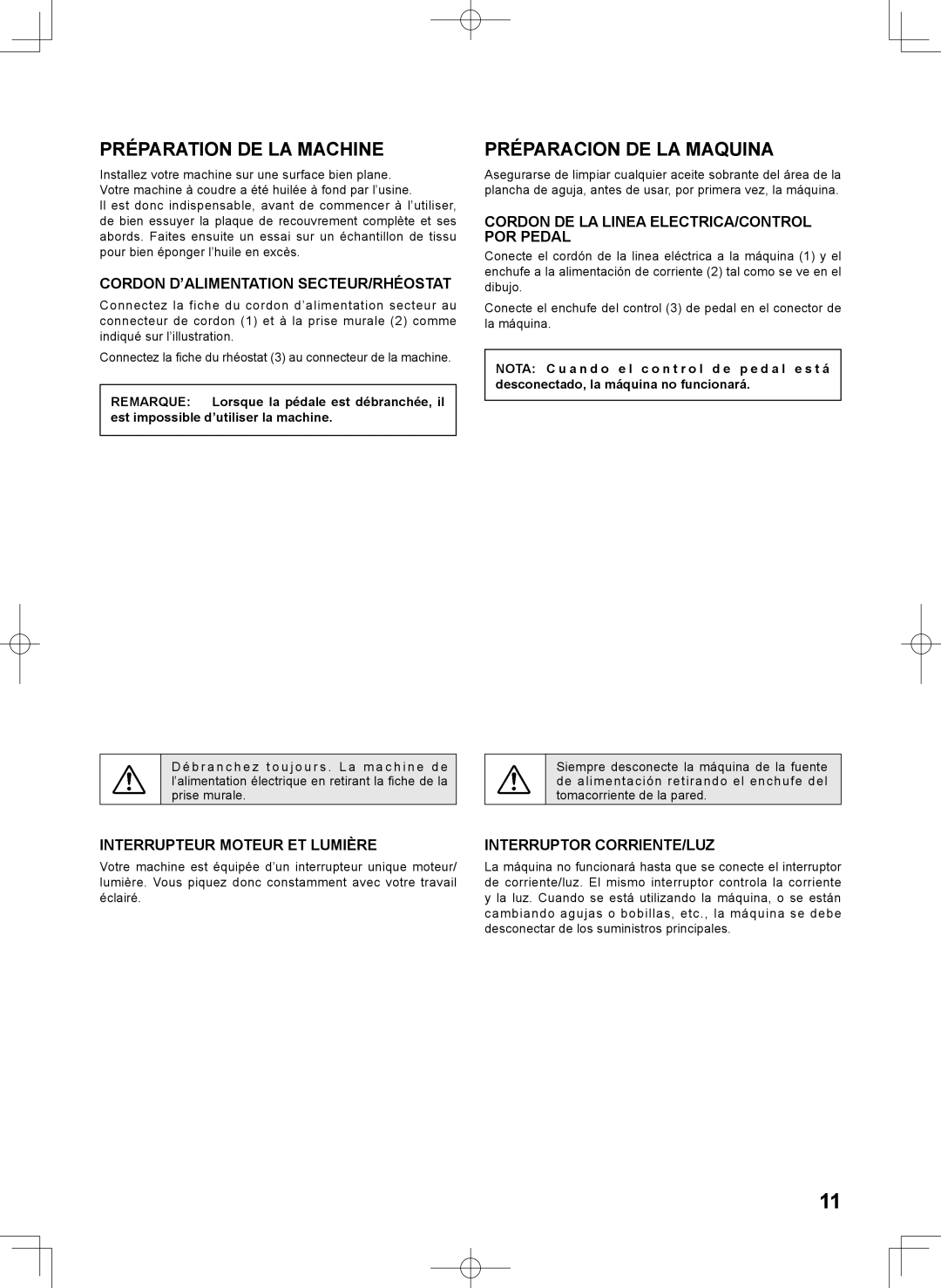 Singer 7467S instruction manual Préparation DE LA Machine, Préparacion DE LA Maquina 