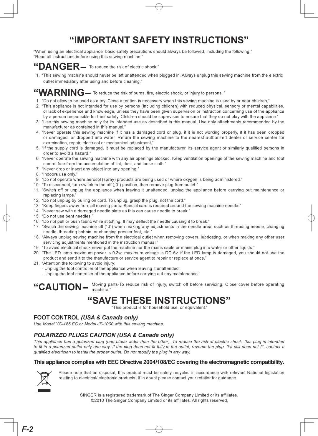 Singer 7467S instruction manual Important Safety Instructions 