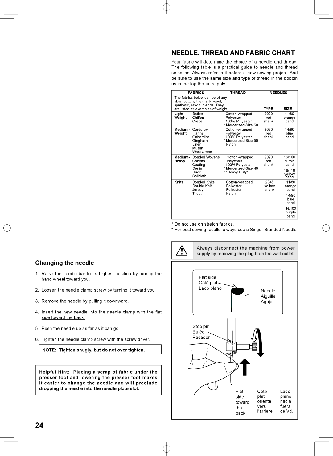 Singer 7467S instruction manual NEEDLE, Thread and Fabric Chart, Changing the needle 