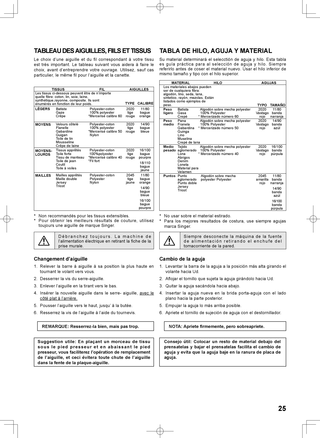 Singer 7467S instruction manual Tabla DE HILO, Aguja Y Material, Changement d’aiguille, Cambio de la aguja 