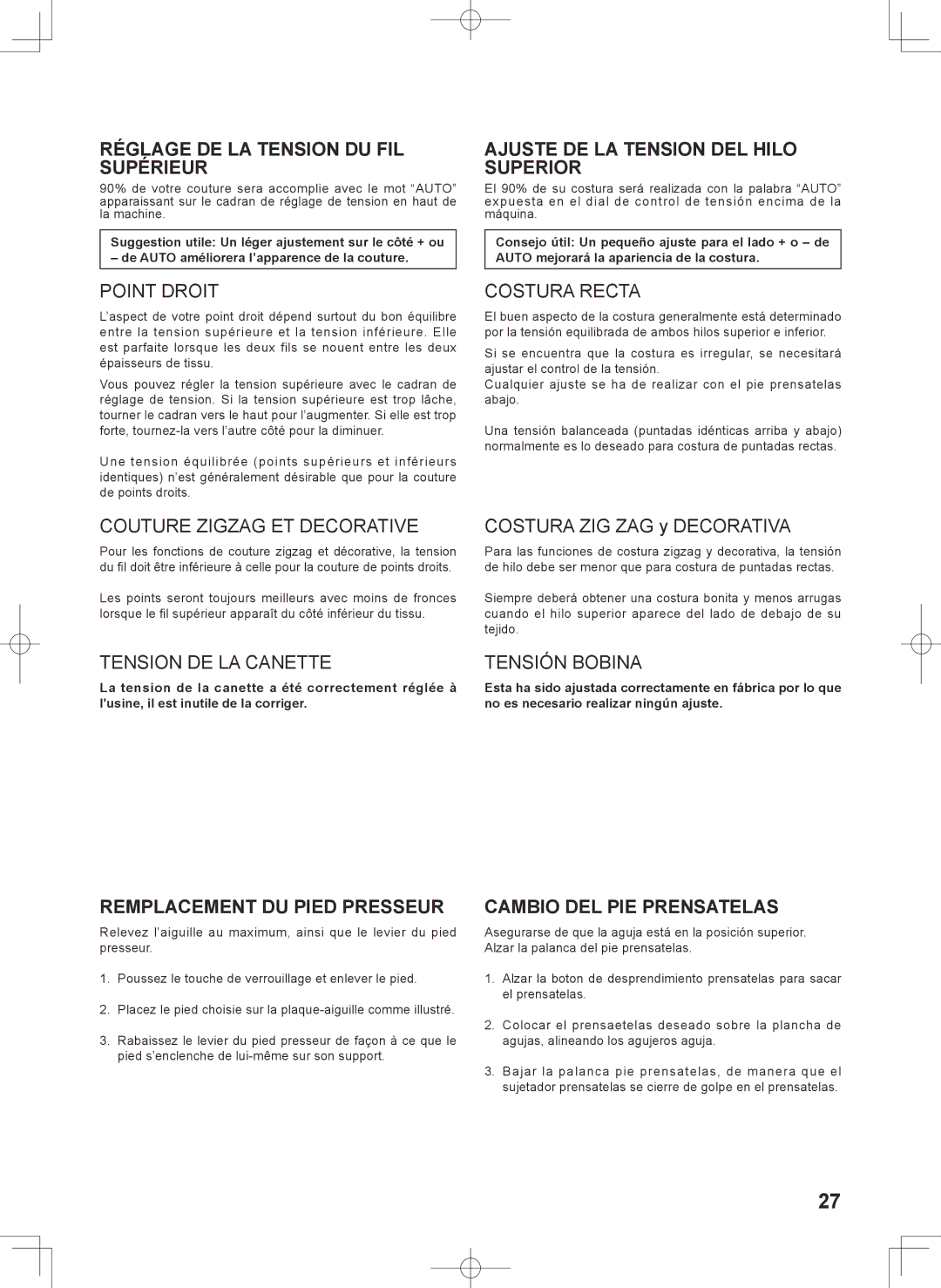 Singer 7467S Réglage DE LA Tension DU FIL Supérieur, Remplacement DU Pied Presseur, Ajuste DE LA Tension DEL Hilo Superior 